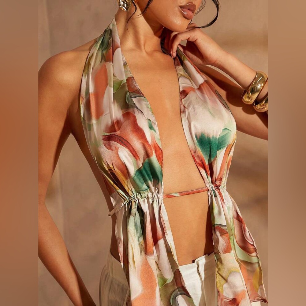 Print Halter Tie Backless Colorful Scarf Top Sexy Quiet Luxury Satin NWT gift